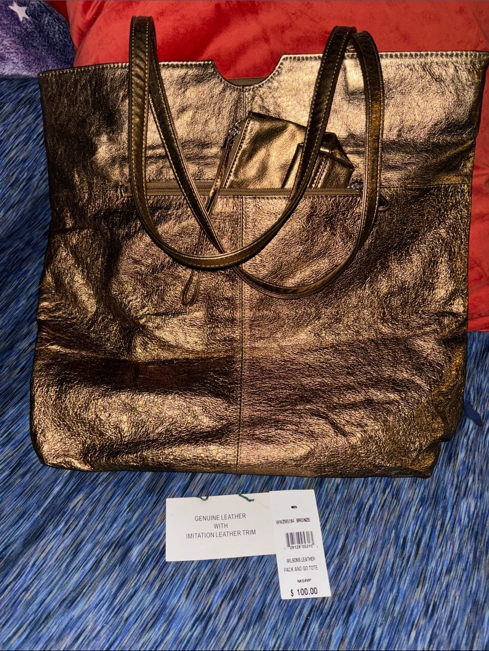 Wilsons Leather Metallic Bronze Tote with Matching Wristlet